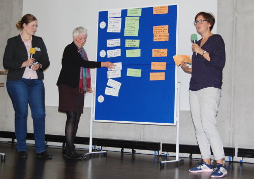 Sarah Krämer (v.l.) und Sigrid Ritzmann-Striss (beide KI)fassen gemeinsam mit ??? und den Teilnehmenden die Workshop-Erlebnisse zusammen. (Foto: OBK)