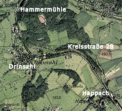 Luftbildaufnahme aus RIO mit der gekennzeichneten Strecke der Kreisstraße 28 von Hammermühle bis Happach entland der Ortschaft Drinsahl