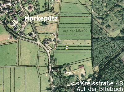 Luftbild aus RIO mit der Ortschaft Morkepütz und der Kreisstraße 48 "Auf der Bliebach"