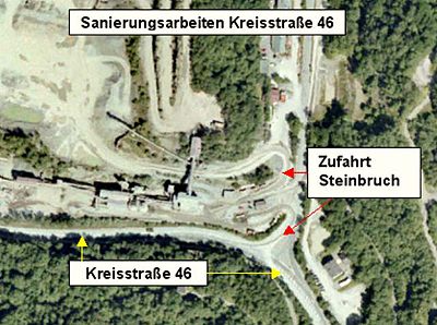Luftaufnahme (RIO Raum Information Oberberg) der Kreisstraße 46 / Einmündung Steinbruch