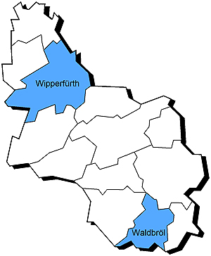 Kreiskarte mit den blau gekennzeichneten Bereichen der Städte Waldbröl und Wipperfürth
