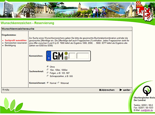 Dieses ist die offizielle Internetseitezur Reservierung von Kennzeichen im Oberbergischen Kreis