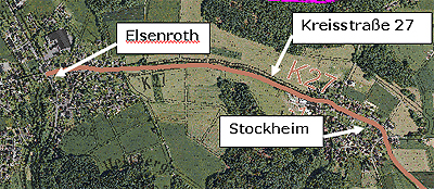 Kartenausschnitt mit der Kreisstraße 27 zwischen Elsenroth und Stockheim in der Gemeinde Nümbrecht