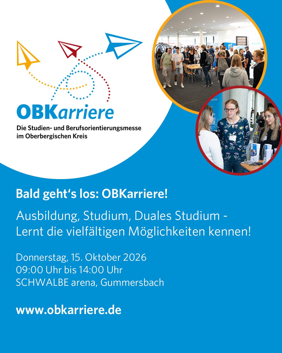 😕 Noch keine Ahnung, wie es nach dem Schulabschluss weitergeht?

✅ Schaut bei unserer OBKarriere vorbei!

Ausbildung, Studium oder Duales Studium: Auf der Messe bekommt Ihr Orientierung und Einblick in die vielfältigen Möglichkeiten.

💪 Über 80 Unternehmen und Hochschulen stellen ihre Ausbildungsberufe und Studiengänge vor.

📅 Donnerstag, 15. Oktober 2026
⏰ 09:00 Uhr - 14:00 Uhr
📍 SCHWALBE arena, Heiner-Brand-Platz 1, 51643 Gummersbach

👉 www.obkarriere.de

#oberbergischerkreis #oberberg #meinschönsterlandkreis #obk #oberbergisch #oberbergischesland #kreisverwaltung #bergischesland #ausbildung #studium #dualesstudium #karriere #jobmesse #ausbildungsmesse #messe