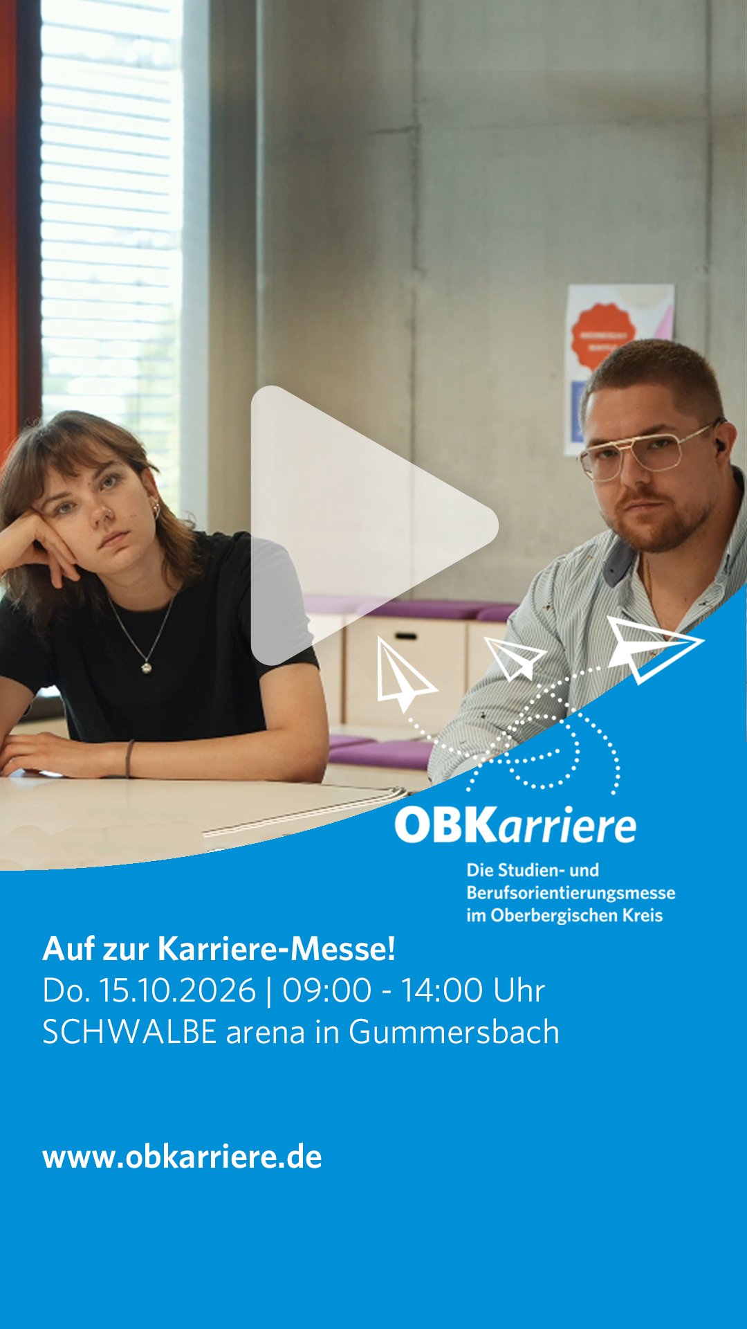 Noch keine Ahnung wo es nach der Schule hingehen soll? 👀 

Ausbildung, Studium oder Duales Studium - die Möglichkeiten sind vielfältig.

Kommt zur OBKarriere und findet Orientierung!

📅 Donnerstag, 15. Oktober 2026
⏰ 09:00 Uhr - 14:00 Uhr
📍 SCHWALBE arena, Heiner-Brand-Platz 1, 51643 Gummersbach

......................

💪 Über 80 Unternehmen und Hochschulen stellen ihre Ausbildungsberufe und Studiengänge vor.

Stellt Eure Fragen und kommt mit den Ausstellenden ins Gespräch. 

......................

Vollständiges Programm entdecken:

👉 www.obkarriere.de