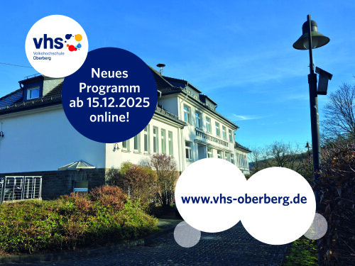 Die VHS Oberberg präsentiert ab Montag, 15.12.2025 ihr neues Programm für „Frühjahr/Sommer 2026“. Alle Kurse sind auch über die Website www.vhs-oberberg.de buchbar. (Foto/Grafik: OBK)