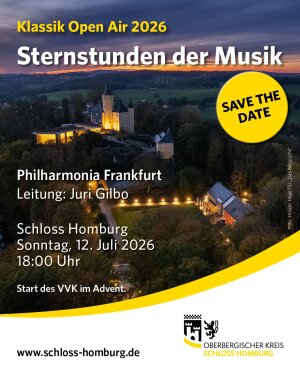 Mit diesem Plakat wirbt das Museum und Forum Schloss Homburg ab sofort für das Klassik Open Air 2026. Der Vorverkauf beginnt im Advent. (Foto/Grafik: OBK/Holger Hage für "Das Bergische")