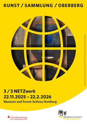 Das Plakat zur Ausstellung 3/3 NETZwerk, die am 21.11.2025 offiziell eröffnet wird. (Foto/Grafik: OBK/ Hans Dotterweich: Raumschichtung, 1979; Foto: Joachim Gies; Design: Nicole Elsenbach) 