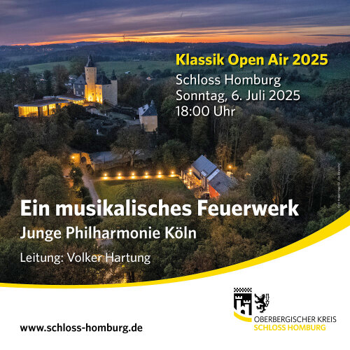 Mit diesem Plakat wirbt Schloss Homburg für das traditionelle Klassik Open Air 2025. (Foto/Grafik: OBK/Holger Hage für "Das Bergische") Mit diesem Plakat wirbt Schloss Homburg für das traditionelle Klassik Open Air 2025. (Foto/Grafik: OBK/Holger Hage für "Das Bergische")