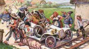 Die Abbildung zeigt eine lustige Zeichnung, auf der dargestellt wird, wie ein automobil über Eisenbahngleise gehoben werden soll