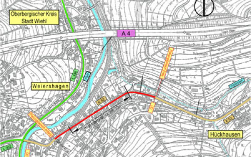 Kartenausschnitt des Planungsbereichs Ausbau der Kreisstraße 52 in Wiehl-Weiershagen (Foto:OBK)