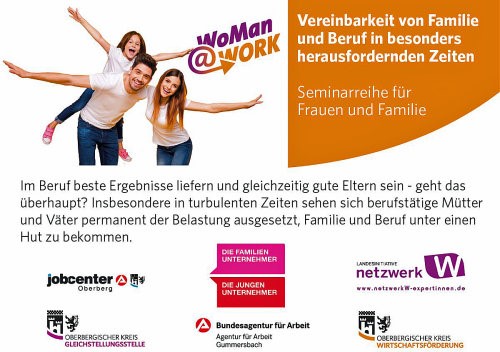 Mit einer Seminarreihe für Frauen und Familie stärkt das Netzwerk W mit seinen Partnerinnen und Partnern die Vereinbarkeit von Familie und Beruf in besonders herausfordernden Zeiten. (Logo WoMan@work/Grafik: OBK) 