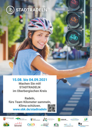 Der Oberbergische Kreis und die beteiligten Kommunen fördern Fahrradkilometer für den Klimaschutz. (Plakat: Klima-Bündnis und OBK, Foto: Laura Nickel/Klima-Bündnis) 