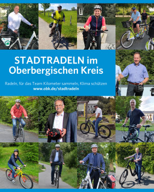 Landrat Jochen Hagt und die Bürgermeisterinnen und Bürgermeister der oberbergischen Kommunen werben fürs Stadtradeln 2021. (Collage: OBK/ Fotos: Kommunen des OBK)