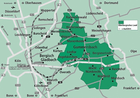 Diese Landkarte zeigt den Oberbergischen Kreis eingebettet in die umgebenden Orte und Kreise. 