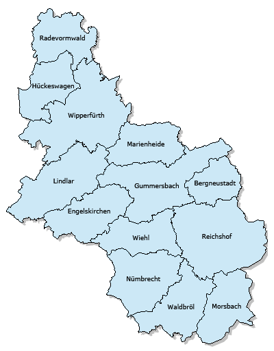 Karte des Oberbergischen Kreises mit den 13 Städten und Gemeinden mit Link zu den Blutspendeterminen.