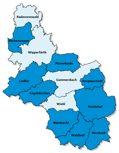 Karte des Oberbergischen Kreis mit den gekennzeichneten neun Kommunen, für die das Jugendamt des Kreises zuständig ist.