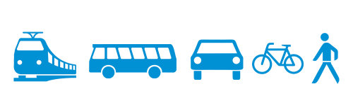 Pictogramme Bahn, Bus, Auto, Fahrrad, Fußgänger