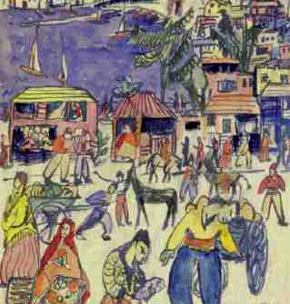 Die Abbildung zeigt das Werk "Chinesische Volksszene" von Fifi Kreutzer 1921, Aquarell, Privatbesitz