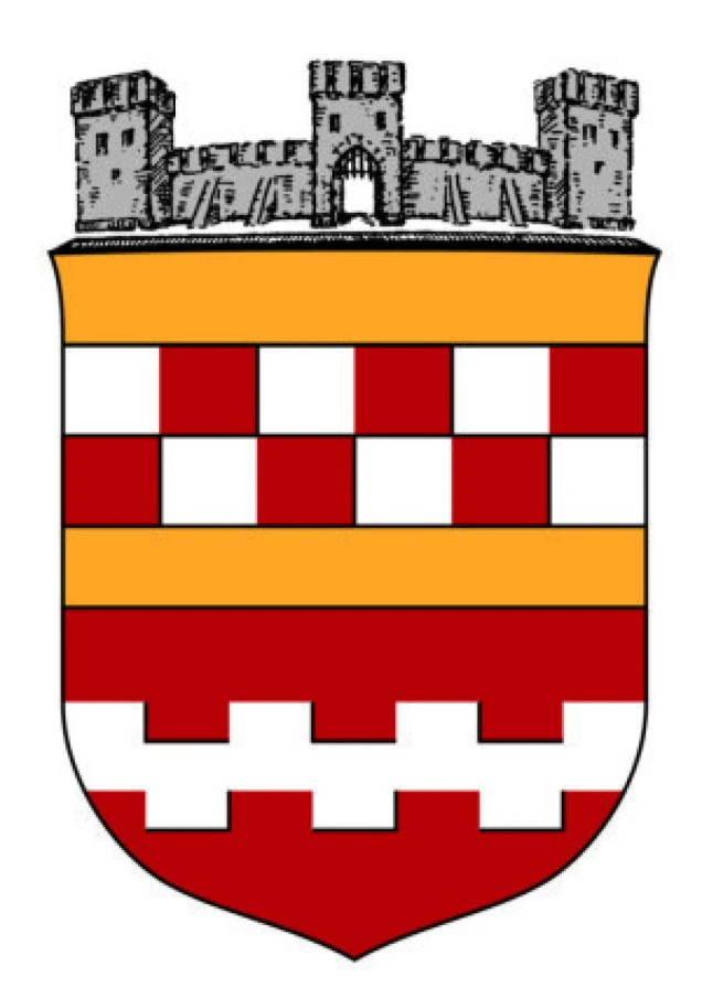 Ein Wappen mit einer grauen Burg oben, darunter eine gelbe horizontale Fläche, ein rot-weiß kariertes Muster und ein rotes Feld mit weißem Zickzack-Muster.