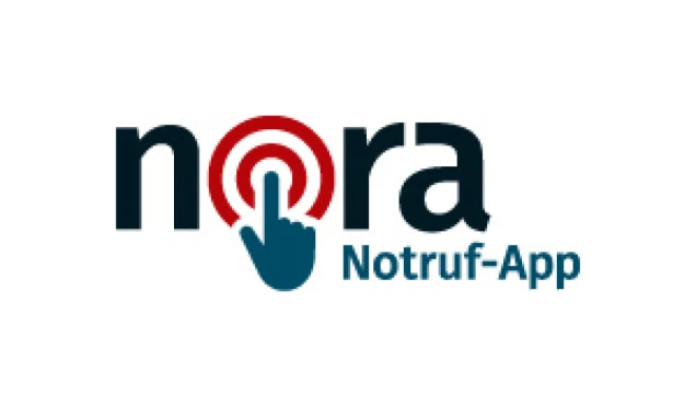 Logo der Notruf-App 'nora' mit einem stilisierten blauen Finger, der auf einen roten Kreis zeigt. Der Schriftzug 'nora Notruf-App' ist zu sehen.