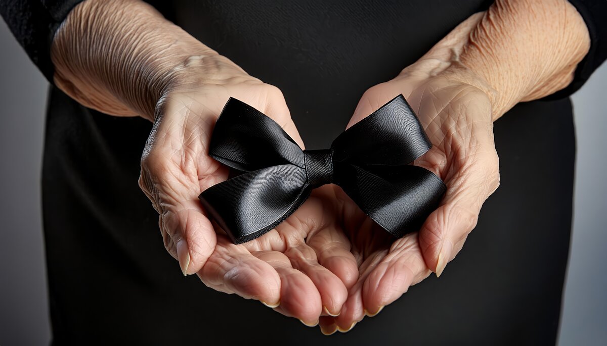 Hands of an elderly person holding a black ribbon in mourning of a deceased person, hands holding black mourning ribbon