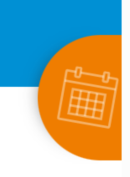 Ausschnitt eines Designs mit einer blauen, weißen und orangefarbenen Fläche. Auf der orangefarbenen Fläche ist ein Kalender-Symbol in weiß abgebildet.
