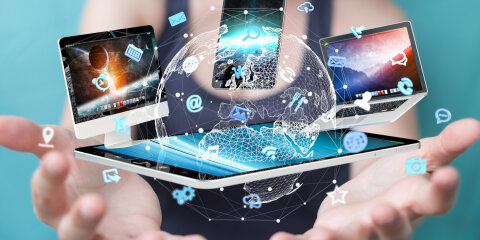 Tech devices connected to each other by businesswoman 3D rendering