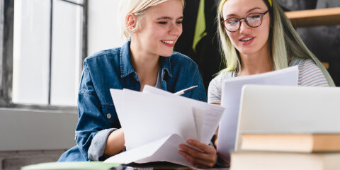 Paperwork, documents, bills and payments. Caucasian young coworkers female lesbian couple working together, dealing with financial papers cheques at home office