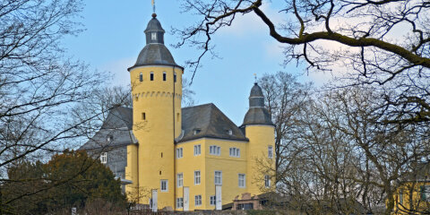 Schloss Homburg: Ein gelbes Schloss mit runden Türmen und grauen Dächern, umgeben von kahlen Bäumen und einer Steinmauer, unter blauem Himmel mit wenigen Wolken.