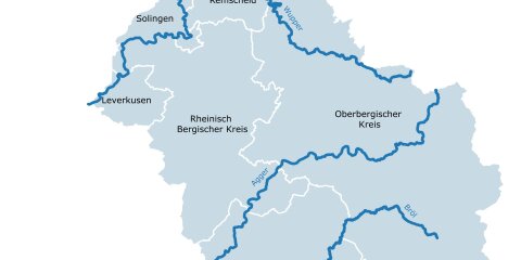 Karte einer Region in Deutschland mit den Flüssen Wupper, Agger und Bröl. Die Städte Wuppertal, Solingen, Remscheid und Leverkusen sowie die Kreise Ennepe-Ruhr-Kreis, Rheinisch-Bergischer Kreis, Oberbergischer Kreis und Rhein-Sieg-Kreis sind markiert.