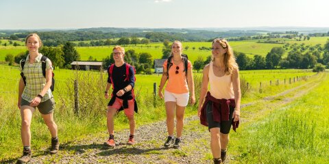 Vier Personen wandern auf einem Feldweg durch eine grüne Landschaft mit Hügeln, Wiesen und vereinzelten Gebäuden unter einem klaren Himmel.