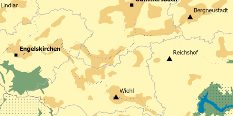 Kartenausschnitt mit Orten Engelskirchen, Gummersbach, Bergneustadt, Wiehl und Reichshof. Verschiedene Gebiete und Höhenzüge sind farblich dargestellt.
