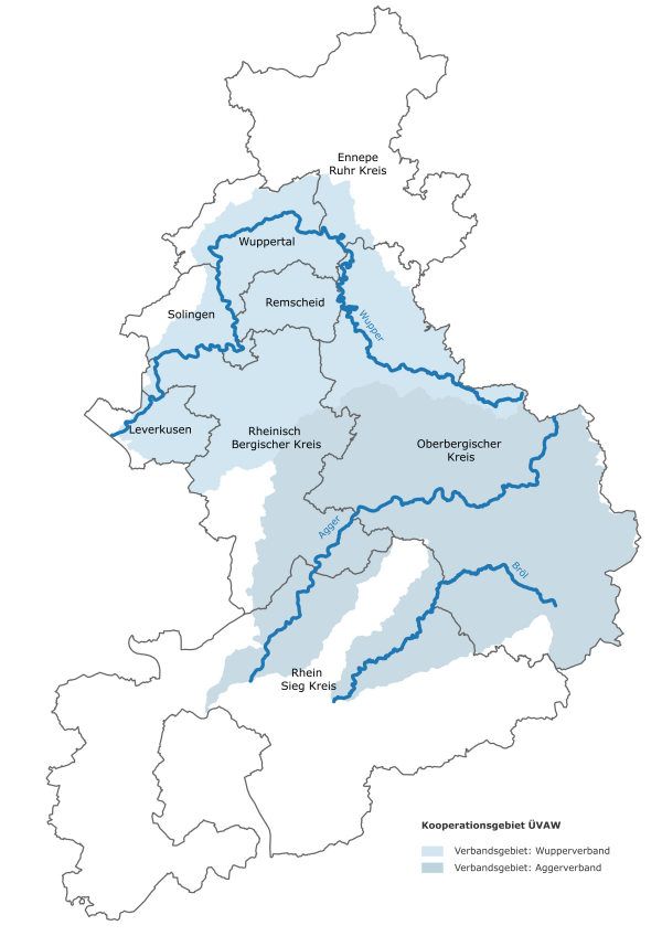 Karte des Kooperationsgebiets ÜVAW mit den Verbandsgebieten des Wupperverbands und des Aggerverbands. Städte und Kreise wie Wuppertal, Remscheid und der Rheinisch-Bergische Kreis sind eingezeichnet. Flüsse wie Wupper, Agger und Bröl sind markiert.