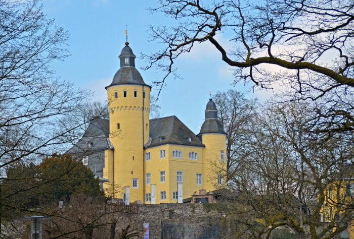 Schloss Homburg: Ein gelbes Schloss mit runden Türmen und grauen Dächern, umgeben von kahlen Bäumen und einer Steinmauer, unter blauem Himmel mit wenigen Wolken.
