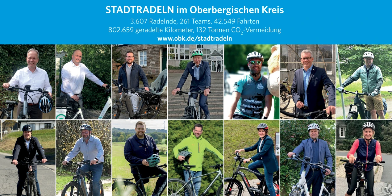 Collage von Personen mit Fahrrädern im Rahmen der Aktion 'Stadtradeln im Oberbergischen Kreis'. Oben Text mit Statistiken zu Teilnehmern, Teams und CO2-Einsparung.