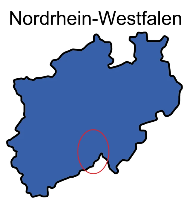 Blau gefärbte Karte des Bundeslandes Nordrhein-Westfalen mit einem roten Kreis, der eine Region im Süden hervorhebt. Darüber steht 'Nordrhein-Westfalen'.