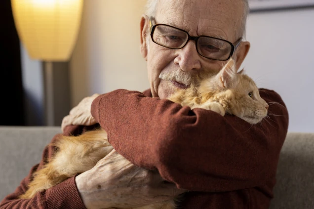 Ein älterer Mann mit Brille und rotem Pullover hält eine orangefarbene Katze liebevoll in seinen Armen. Im Hintergrund ist eine Stehlampe sichtbar.