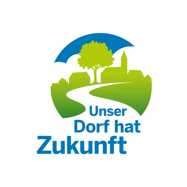 Logo mit grünem und blauem Farbverlauf. Zeigt eine Landschaft mit Baum, Häusern und Weg. Darunter der Text 'Unser Dorf hat Zukunft' in blauer Schrift.