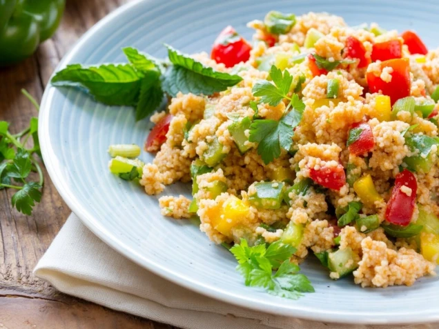 Ein Teller mit Couscous-Salat, garniert mit frischen Kräutern. Der Salat enthält bunte Paprikastücke, Gurken und Tomaten. Der Teller steht auf einem Holzuntergrund.