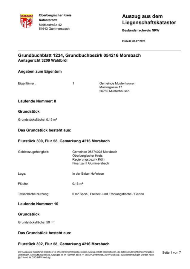 Auszug aus dem Liegenschaftskataster, Bestandsnachweis NRW. Das Dokument enthält Informationen zu Grundstücken, Eigentümern und Flächenangaben.