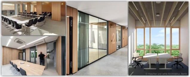 Collage aus vier Bildern, die moderne Innenräume zeigen: ein Konferenzraum mit U-förmiger Bestuhlung, ein Besprechungsraum, ein Flur mit Holzverkleidung und Glastüren, sowie ein Büro mit großen Fenstern und Blick auf grüne Landschaft.