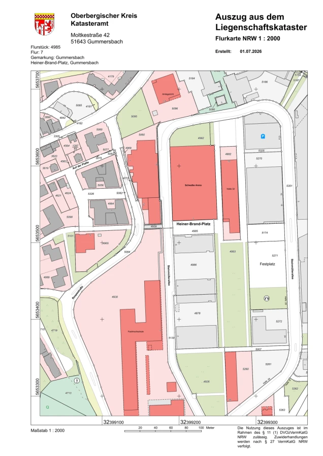 Karte des Liegenschaftskatasters des Oberbergischen Kreises mit Grundstücken, Gebäuden und Straßen in Gummersbach, Maßstab 1:2000.