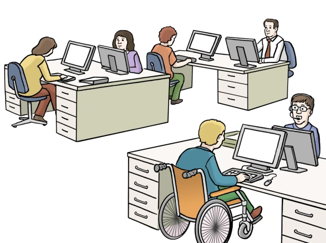 Eine Büroszene mit mehreren Personen an Schreibtischen. Eine Person sitzt in einem Rollstuhl, andere arbeiten an Computern. Hintergrund transparent.