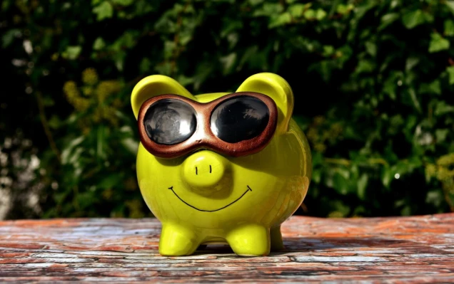 Eine hellgrüne Sparschweinfigur mit brauner Sonnenbrille und einem gemalten Lächeln steht auf einem Holztisch vor einem Hintergrund aus grünen Pflanzen.