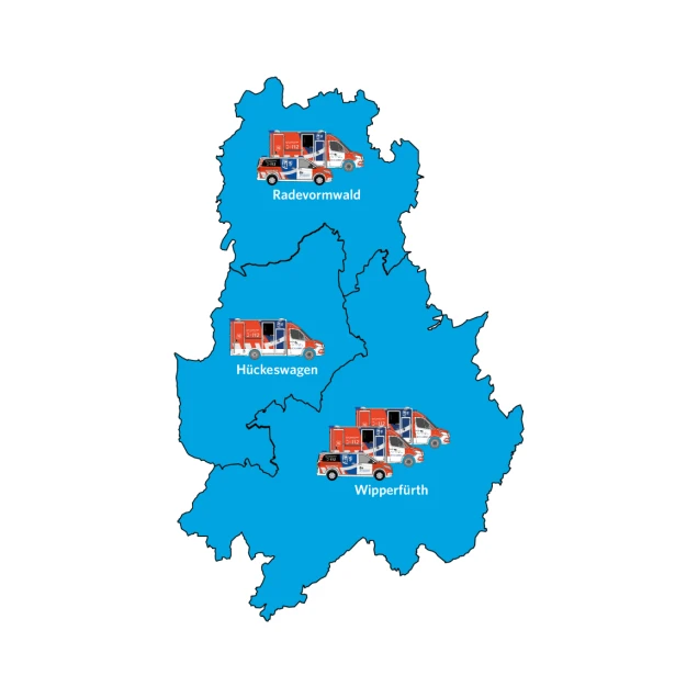Eine blau eingefärbte Karte mit drei markierten Orten: Radevormwald, Hückeswagen und Wipperfürth. An jedem Ort ist ein Rettungswagen abgebildet.