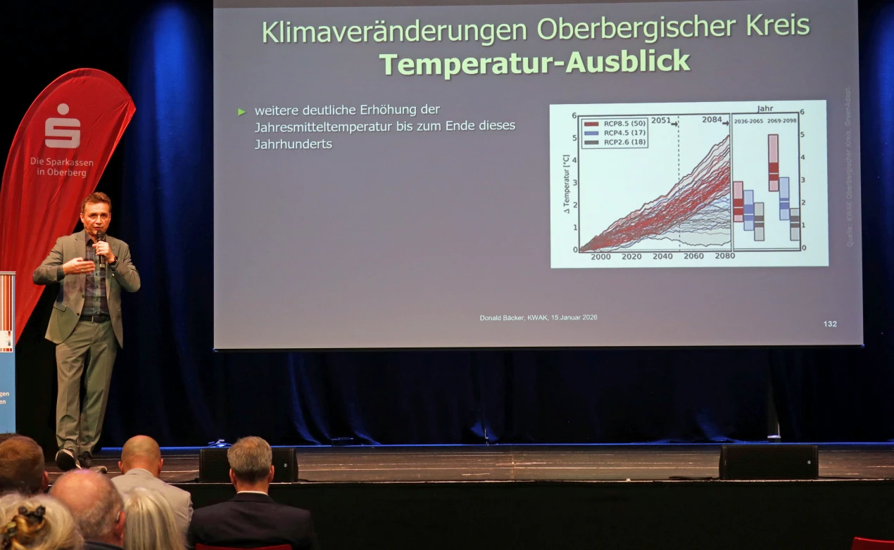 Meteorologe Donald Bäcker nahm in seinem Vortrag zum Klimawandel immer wieder Bezug zu Entwicklungen im Oberbergischen Kreis. (Foto: OBK) 